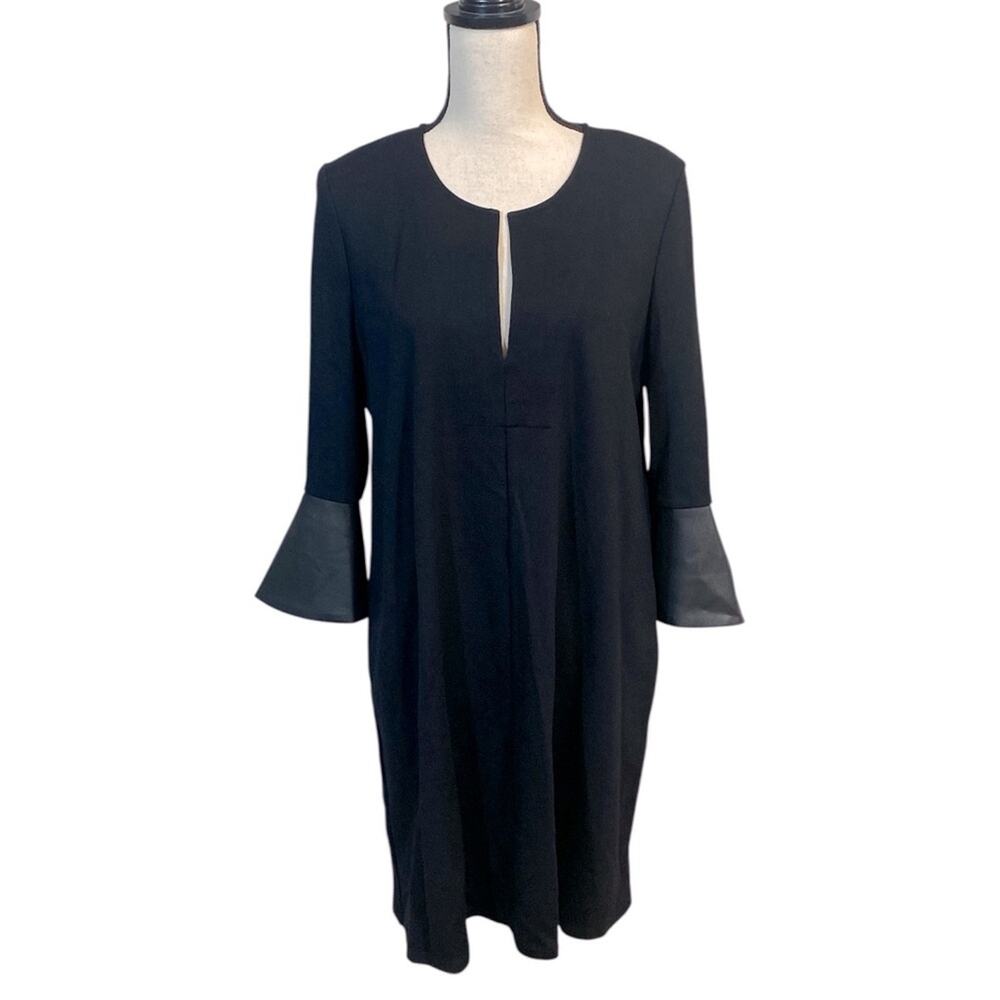 BCBGMaxAzria Black Ponte Knit Shift Dress Faux Leather Bell Sleeves Size Medium